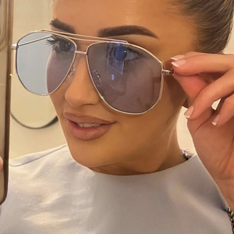 SO&EI Ins Popular Fashion Oversized Metal Double Bridges Pilot Sunglasses Women Shades UV400