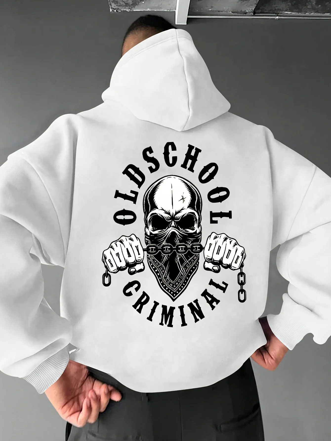 Men Hoodies Old School Hardcore Skull Street Back Print Graphic Hot Search Word Men Cool Casual Outfit Thick Black Pullover Hooded Sweatshirts