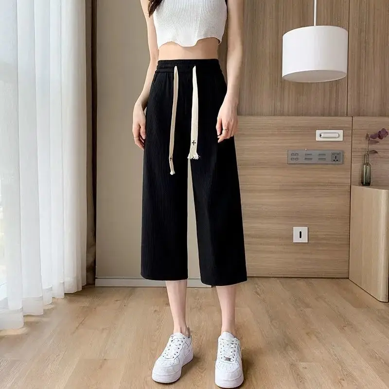 Spring Summer Women's Clothing Solid Color Elastic High Waisted Pockets Drawstring Screw Thread Casual Loose Fashion Pants