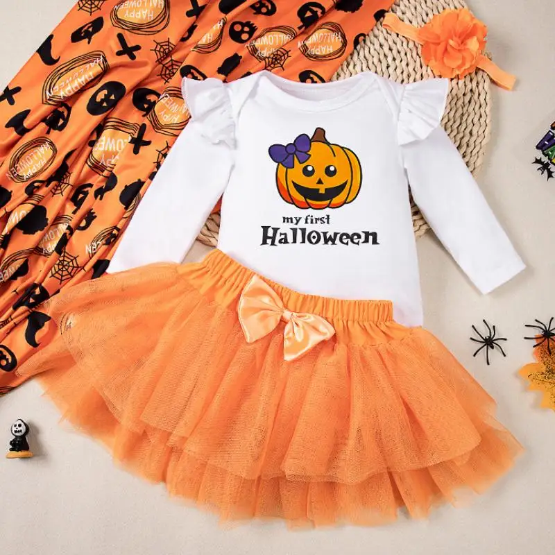 Halloween Baby Girl Party Dress Up New Cartoon Cute Pumpkin Long Sleeve Climbing Dress Orange Skirt Set for 0-2 Years