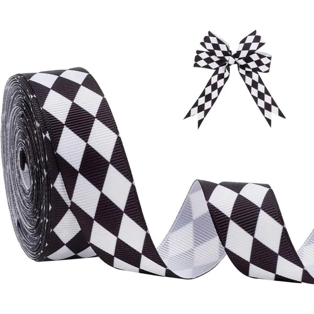 Polyester Rhombus Print Grosgrain Ribbon Clothes Accessories White Black 7/8 inch(22mm) 20 Yards/Roll
