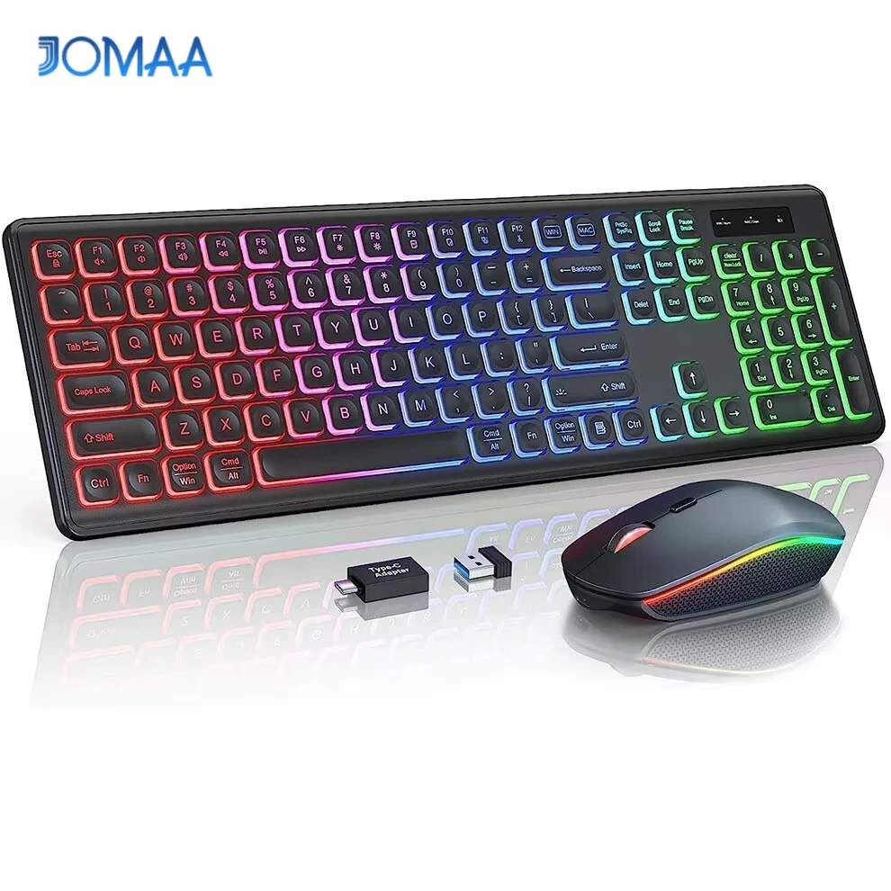 

JOMAA 2.4G Wireless Keyboard Mouse Combo RGB Backlit Rechargeable Full-Size Ergonomic Type-c Wireless Keyboard Mouse Set
