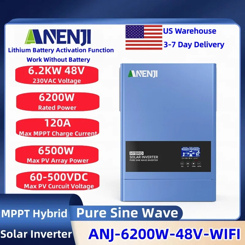 ANENJI 6.2KW Hybrid Solar Inverter 220V 48V Pure Sine Wave Built-in 120a MPPT Solar Charge Controller Max PV 500V