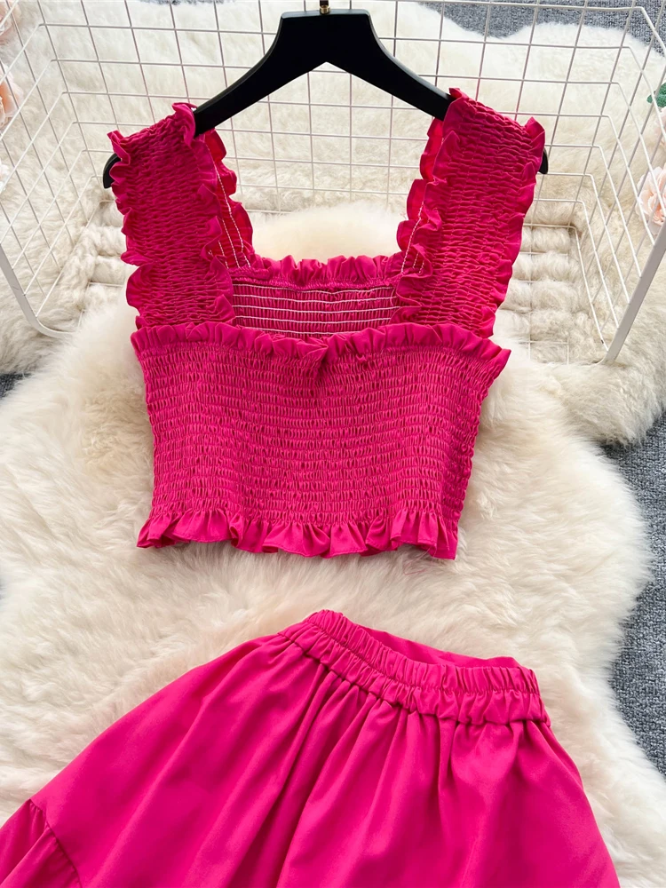 Conjunto de dos piezas Vintage para mujer, Top sin mangas con cuello cuadrado y falda acampanada de cintura alta, traje Sexy de 2 piezas, rojo/Verde/morado, novedad de verano