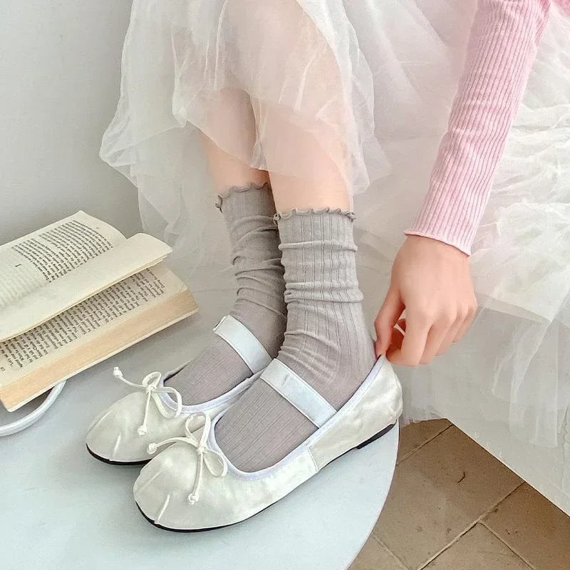 

Милые носки Lolita Kawaii с рюшами женские летние тонкие сетчатые дышащие свободные длинные носки однотонные носки в балетном стиле черные белые