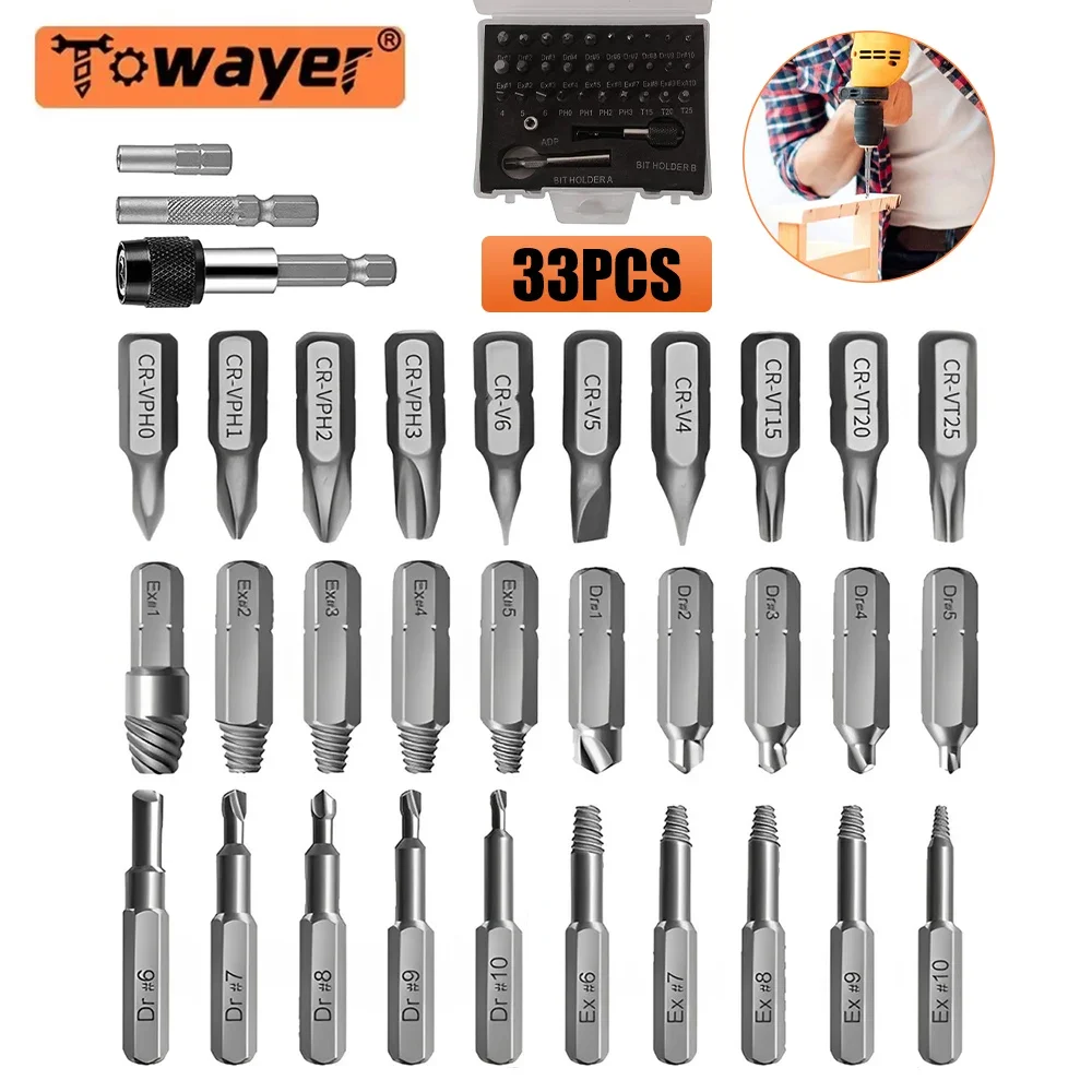 

33PCS Screw Extractor Set Universal Broken Head Bolt Removal Tool with Sleeve Extension Drill Bit Easy To Remove Damaged Screws