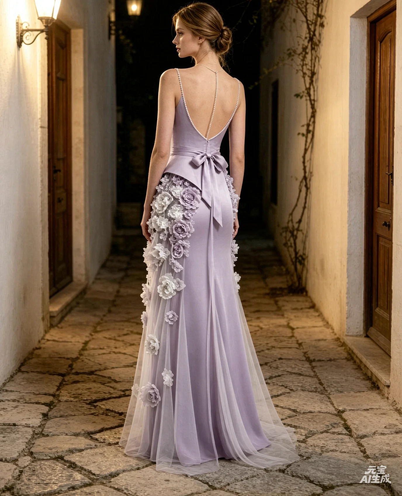 Customized Lavender Satin Tulle A‑Line Evening Dress Sleeveless Bateau Neck Bow Sash Waist 3D Floral Appliques Formal Prom Party - view 2