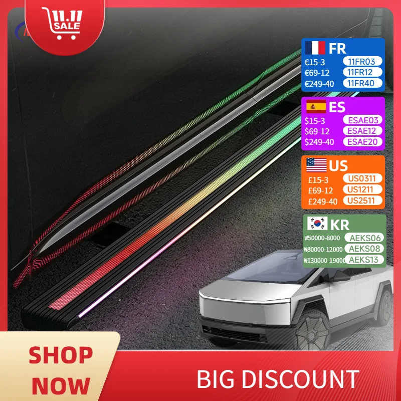

Electric Retractable Ambient Light Pedal For Tesla Cybertruck Anti - Pinch Side Step LED Running Board Smart App Control Pedal