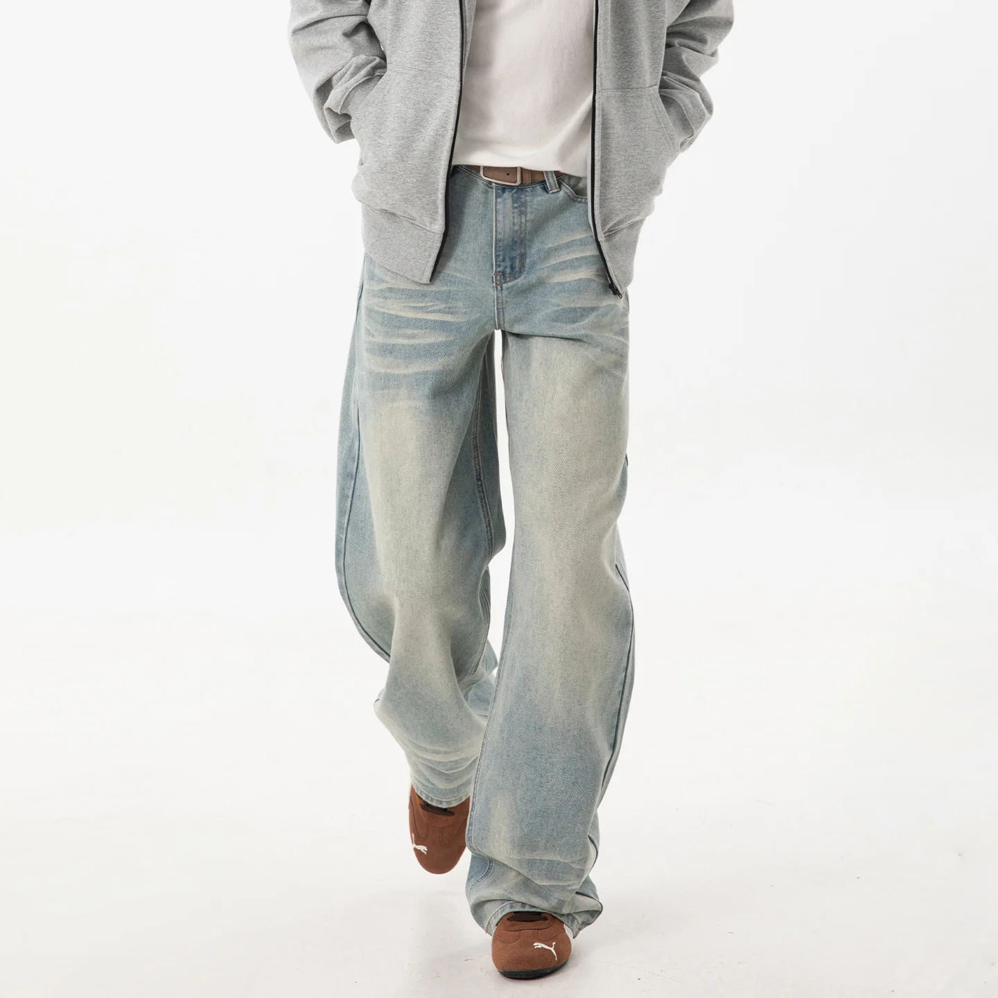 

2025 Новый стиль, потертые антикварные стильные повседневные модные джинсовые брюки для мужчин - осенние прямые брюки - свободные брюки в стиле ретро High Street