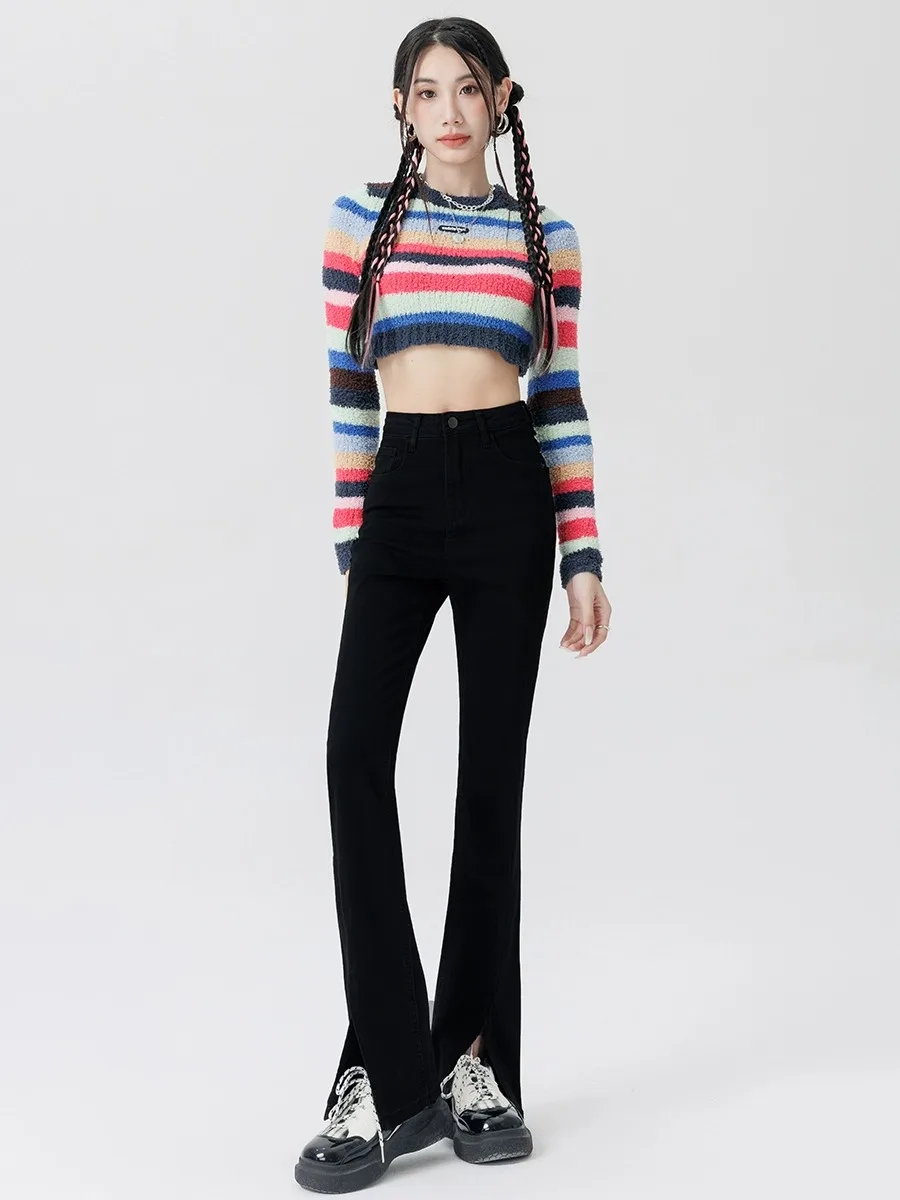 

High Waist Flared Jeans Women's Slim Fit Elastic Floor-Length Bootcut Pants Bla Waed Cotton Stretch Denim Autumn New Arrival