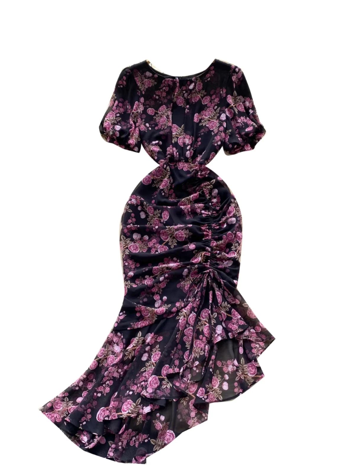 Romantic Floral Print Women's Dr Summer Bubble Sve Asymmetrical Design Luxury Fi Tail Long Gown High Waist A-Line Skirt