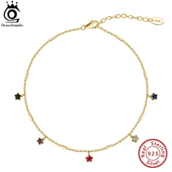 ORSA JEWELS 925 Sterling Silver Cable Chain Anklet with Colorful Star Zircon for Women Adjustable Summer Straps Jewelry SA92