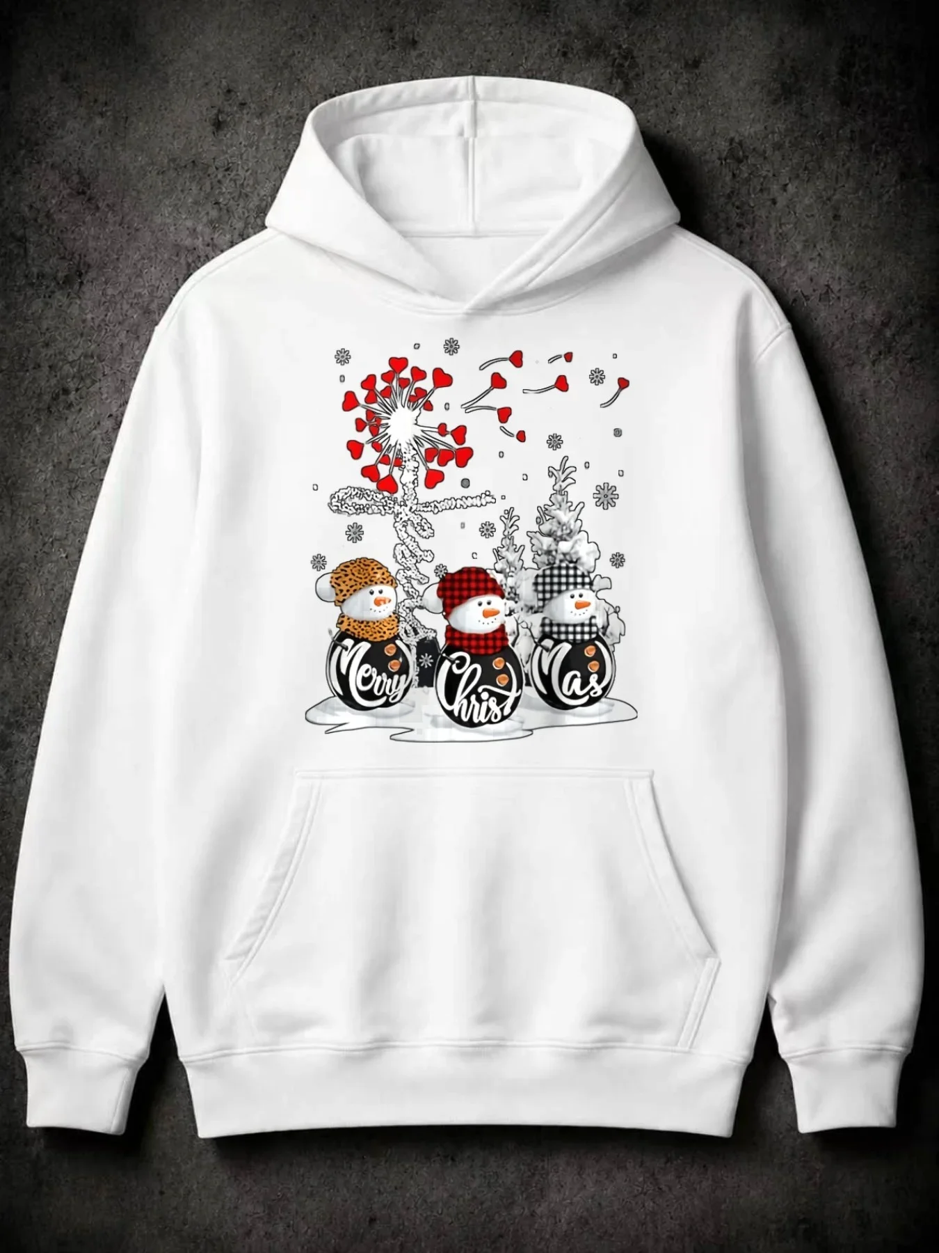 Cute Cartoon Style Ladies' Hoodie Three Snowmen with Merry Christmas and Red Heart Tree Winter Holiday Season Family Friend Gift