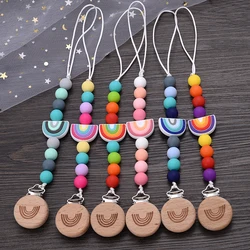 JOTeWindsor-Attache-tétine en bois de hêtre pour bébé, fait à la main, dessin animé arc-en-ciel, perles de dentition en silicone, jouet à mâcher, cadeau, 1 pièce