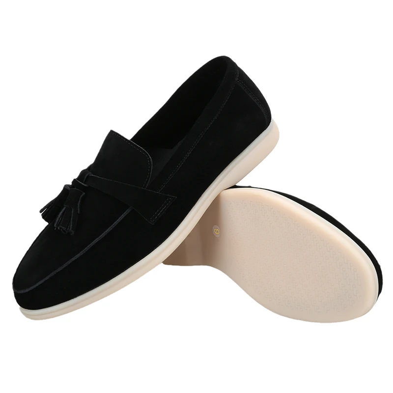 Piergitar New Style Black Suede Men Tassels Loafers LP Brand Same Model Handmade Walk Sneakers With Cream Colored Non-Slip Sole