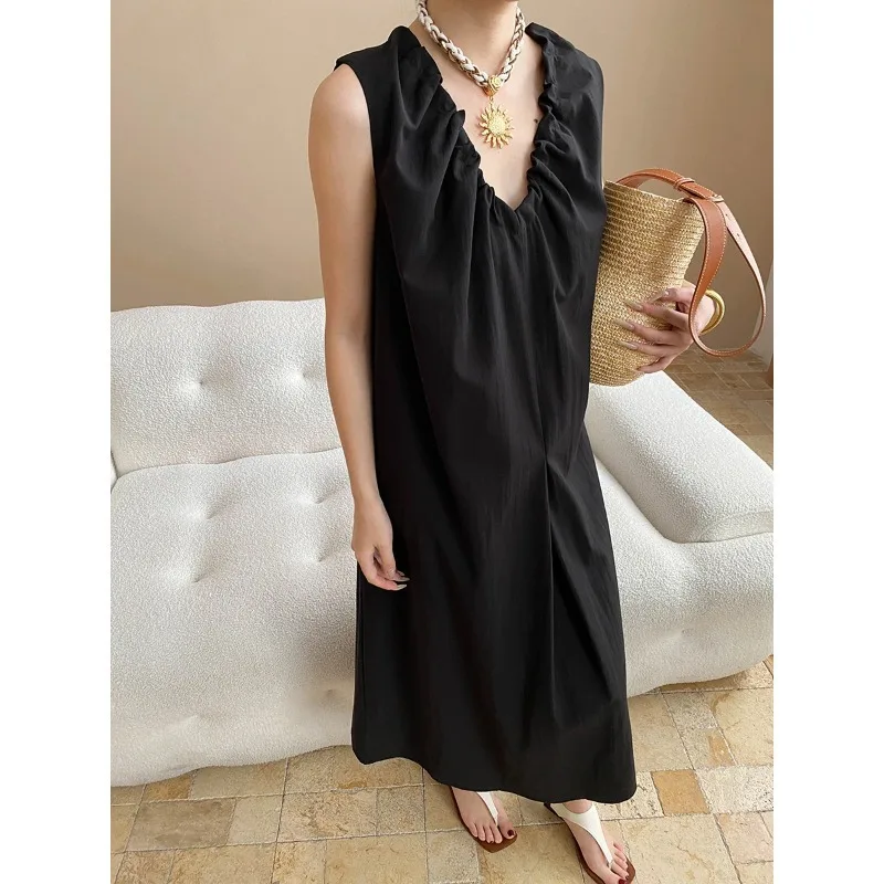 

Летнее хлопковое льняное платье со складками и v-образным вырезом, свободное платье-жилет в отпускном стиле, женское модное простое черное длинное платье без рукавов
