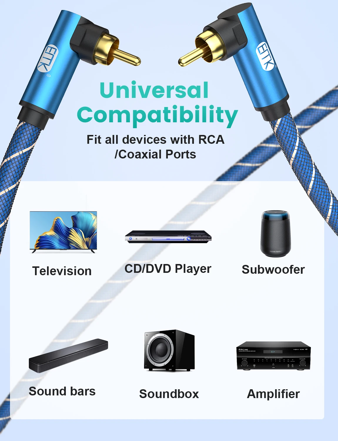 EMK RCA Cable Right Angle Subwoofer Cable Digital Audio Coaxial Cable RCA Cable for Amplifier, Speaker, TV