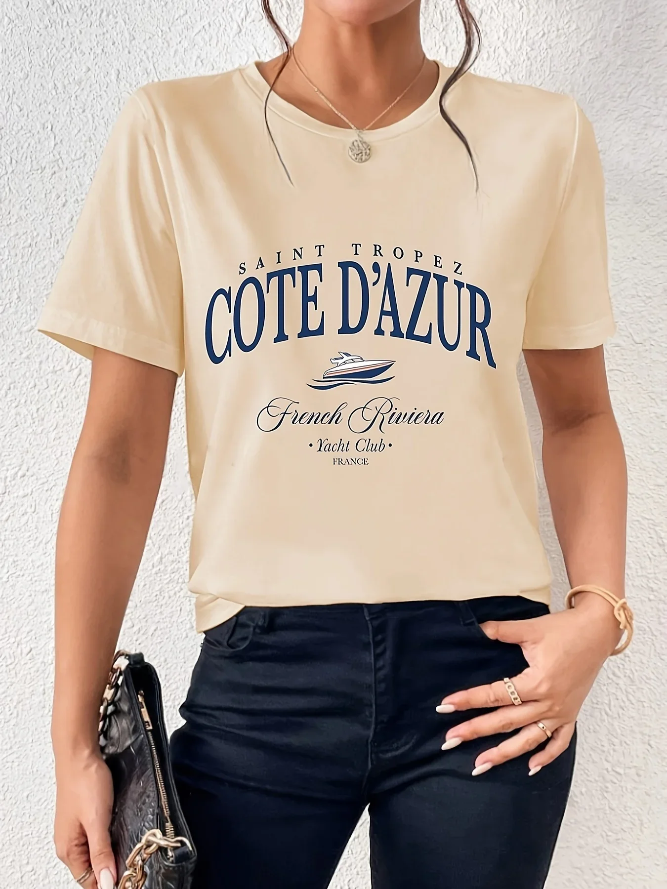 Damen T-Shirt mit lässigem Print, Kurzarm-Sommermode-T-Shirt mit Rundhals ausschnitt, Saint Tropez Cote d'azur Design, atmungsaktiver Stoff