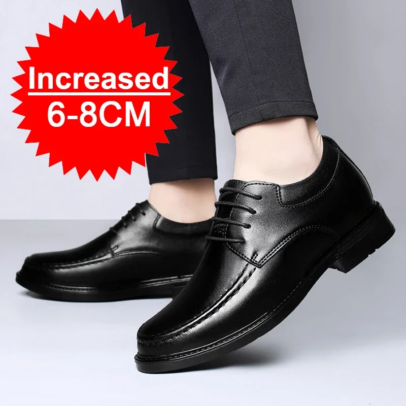 

Men's Invisible Height‑increasing Leather Shoes 6‑8CM Black Lace‑up Business Formal Shoes Men's Genuine Leather Elevator Footwea