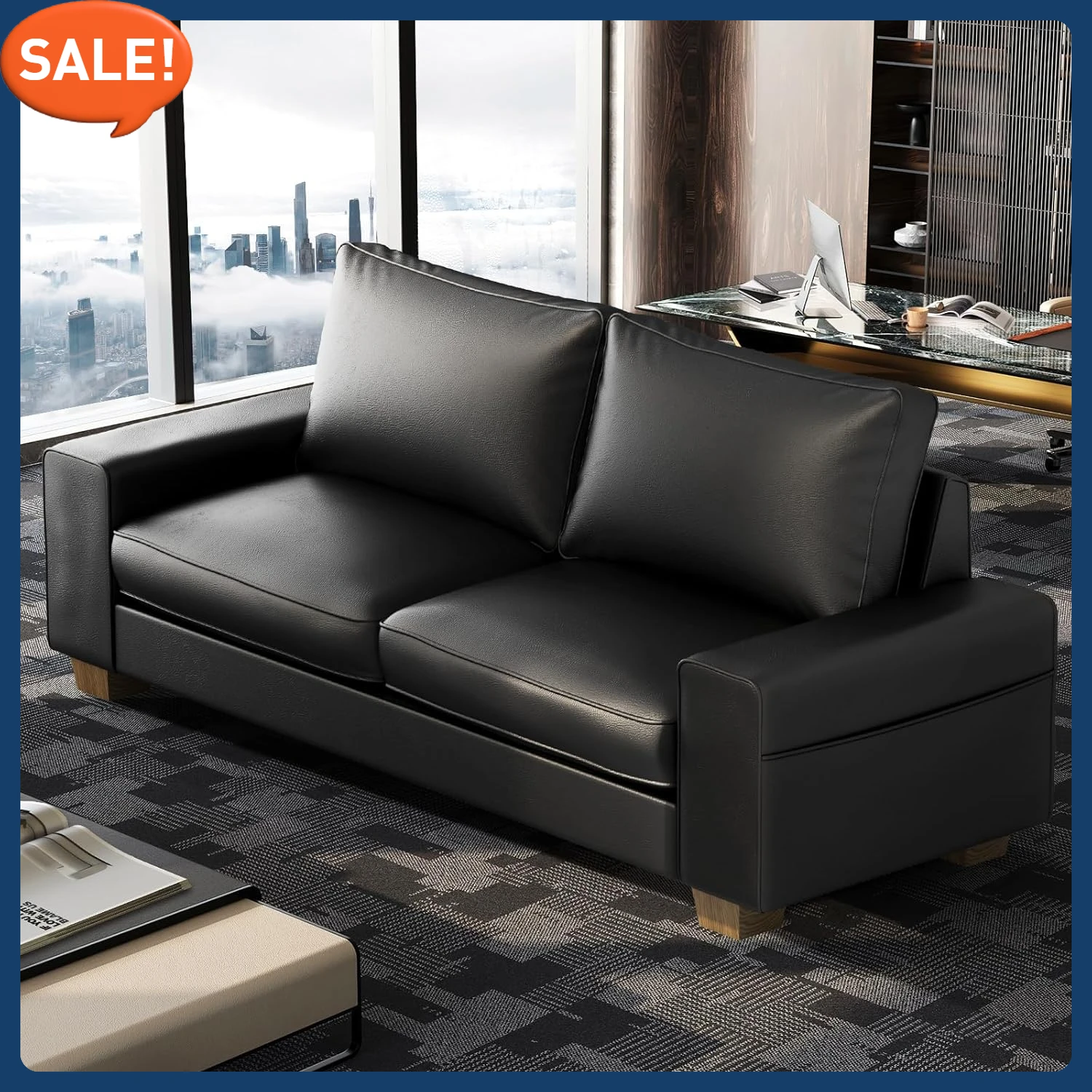 

2 Seater Faux Leather Couch, Mid Century Modern Comfy Loveseat Sofa with Wide Arm, Side Pockets, Solid Wooden Frame for Office