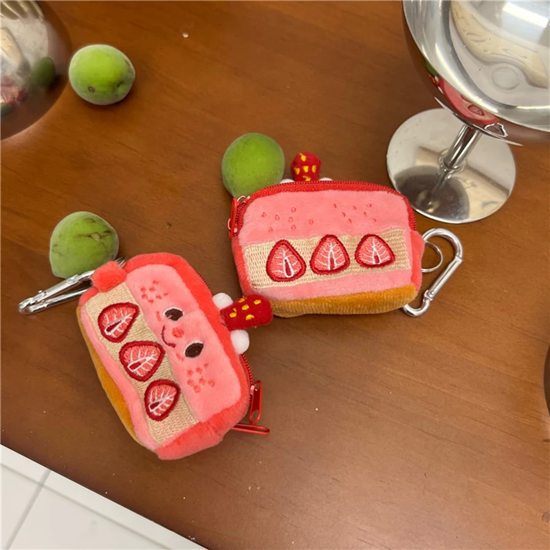 Strawberry Cake Kawaii Earphone Case Pouch Plush Cartoon Cute Coin Purse Zipper Storage Bag Embroidery Pouch Keychain Pendant