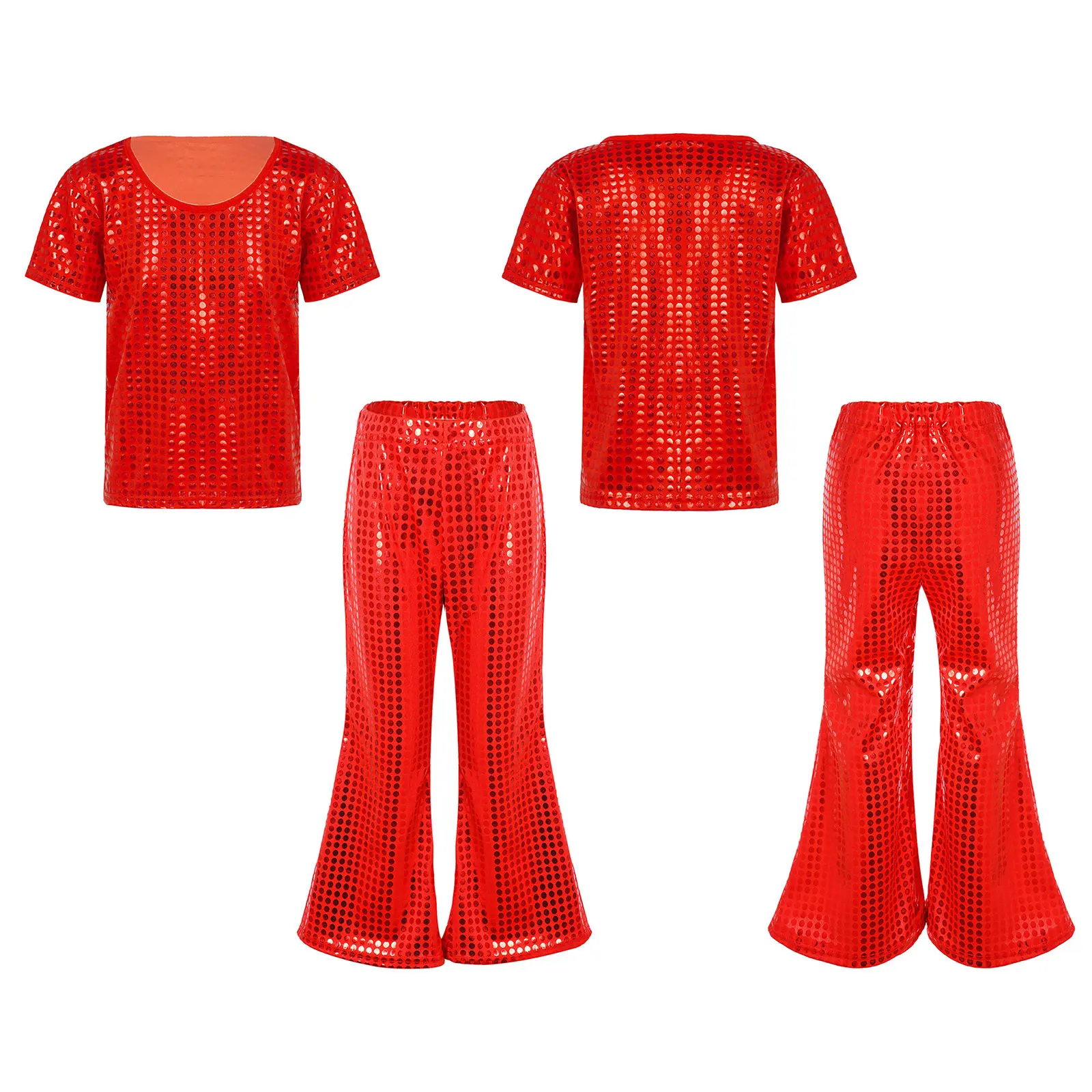 Kinder Street Jazz Dance Kostüm Outfits Schlaghosen + T-Shirt Glänzende Pailletten Streetwear Kinder Jungen Mädchen Hip-Hop Party Sets