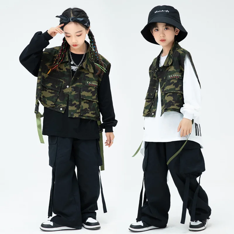 

Kid Hip Hop Clothing Camouflage Sleeveless Jacket Cargo Vest Black Casual Belt Cargo Pants for Girl Boy Dance Costume Clothes