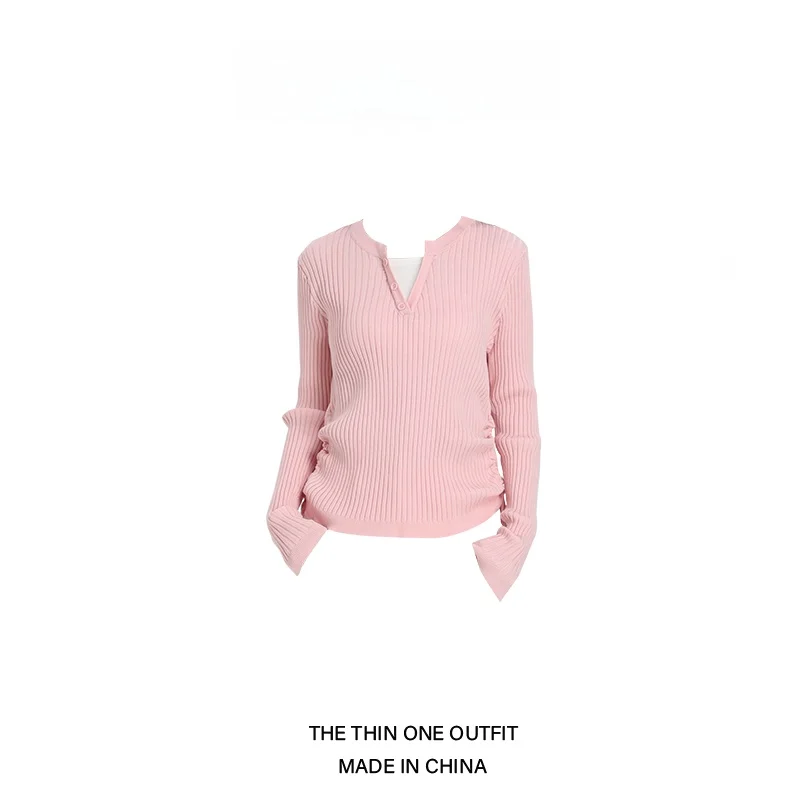 

V-Ne Knitted Long Sve Button up Fake Two-Piece Women's Sweet Gentle Waist-Cinching Top Autumn Winter Base Layer