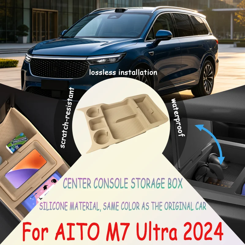 For AITO M7 Ultra 2024 Center Console Lower Storage Box, Drop-in Organizer Tray with Tissue Holder car accessories