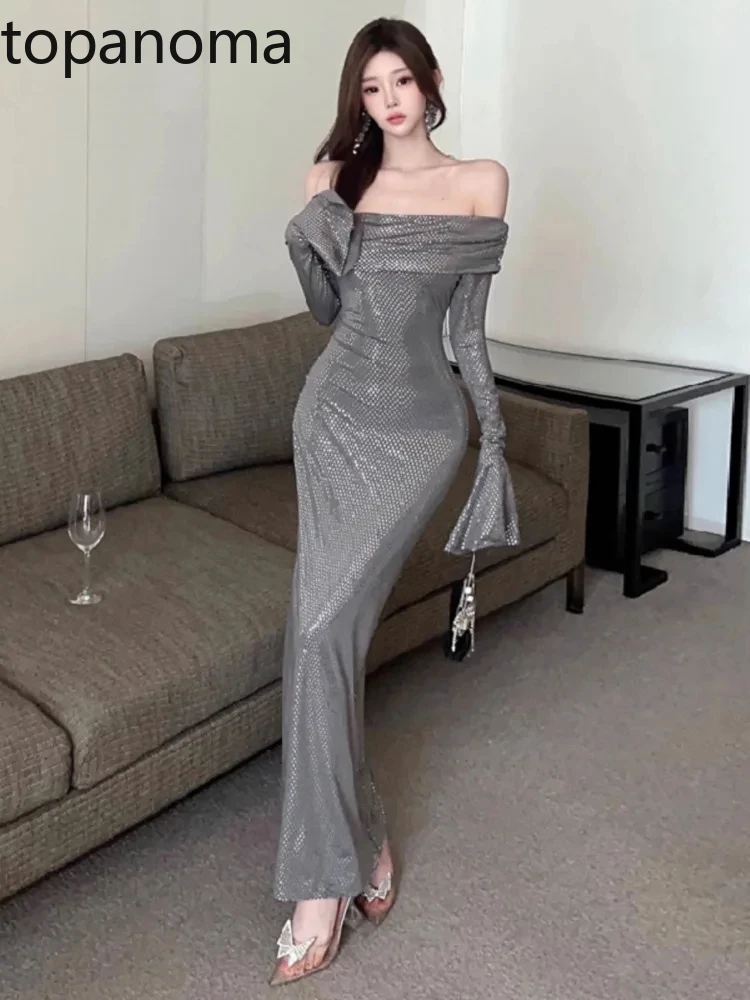 Topanoma อารมณ์ชุดราตรีผู้หญิงปิดไหล่ Backless Slim ยืดงานแต่งงานค็อกเทลชุดสุภาพสตรีเซ็กซี่