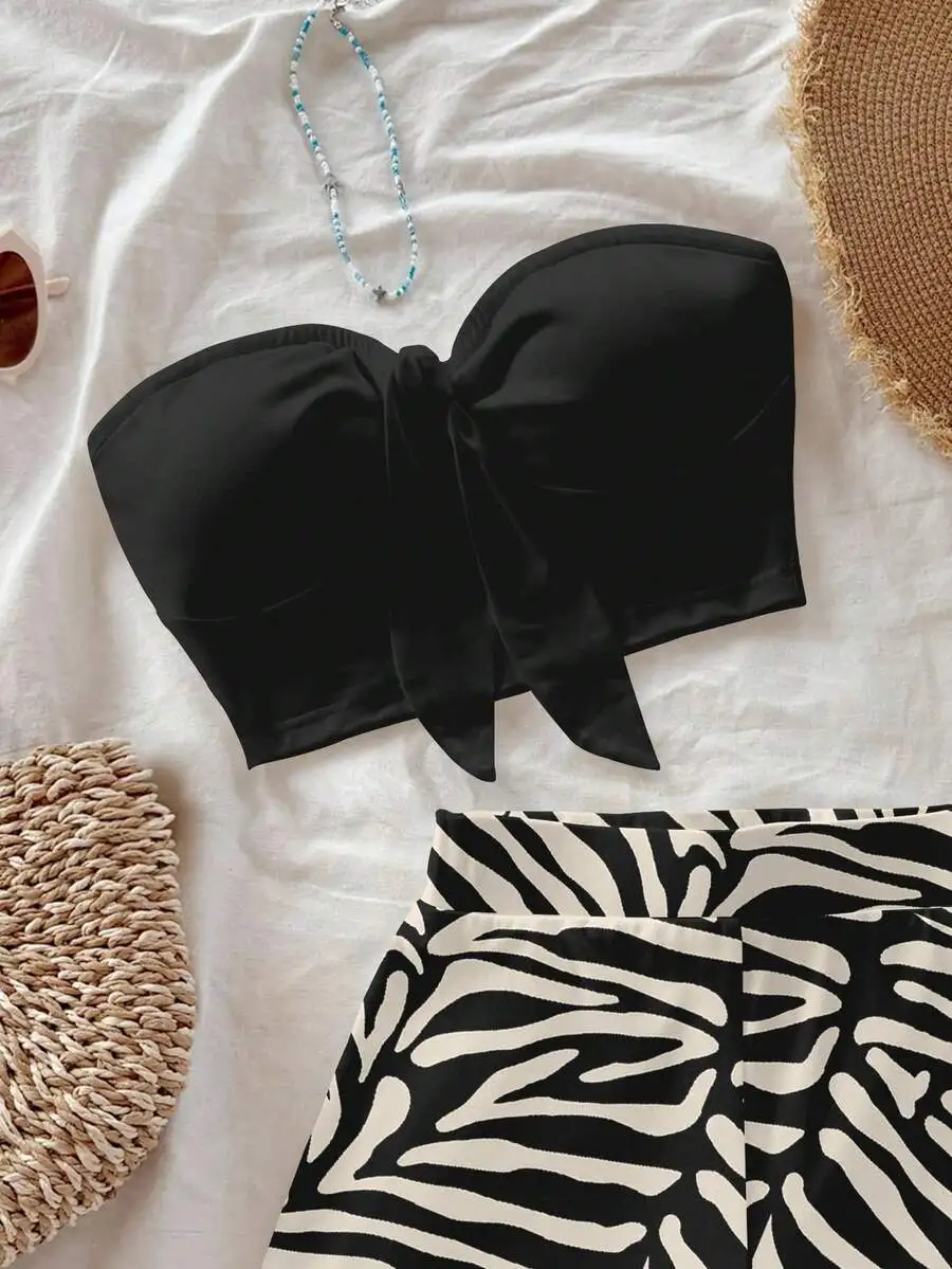 여성용 얼룩말 프린트 크롭 탑 & 반바지 세트, 블랙 보우 프론트, 여름 해변 캐주얼 의상