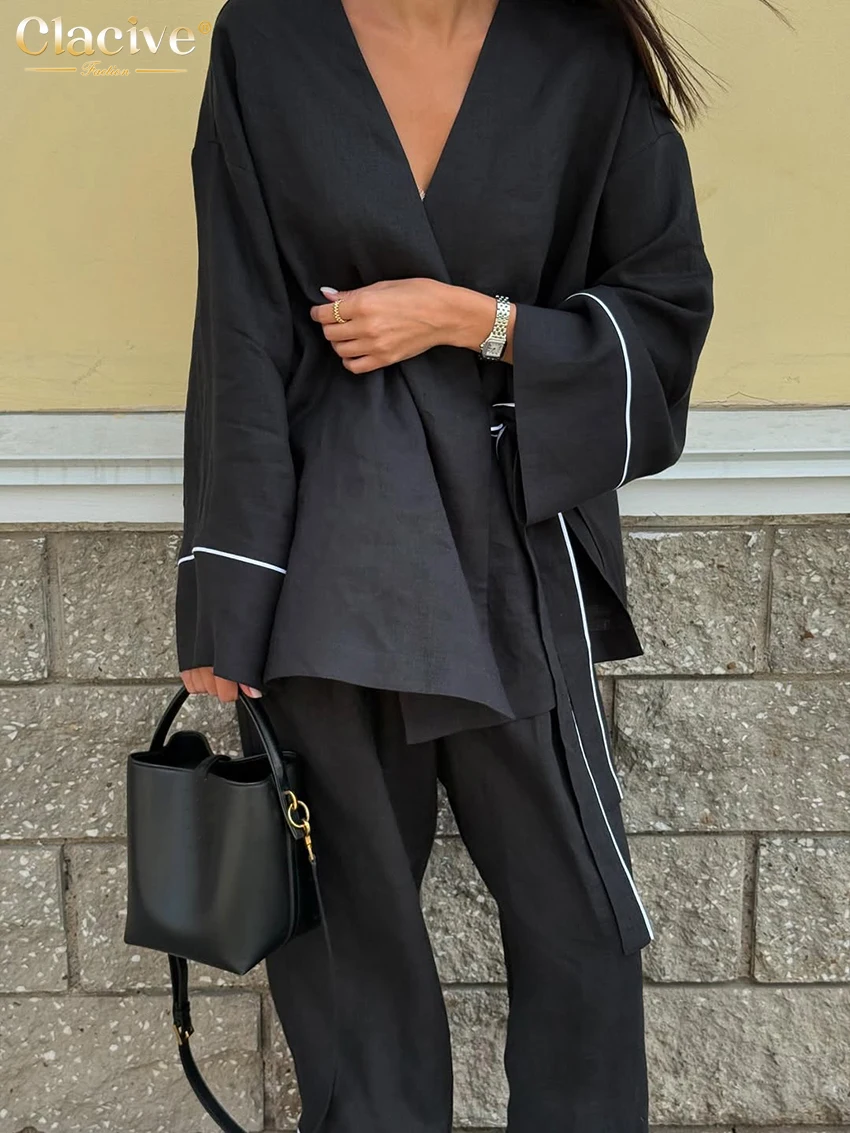 Cclacive Fashion Loose Black Cotton Women's Two Pieces Set 2025 Casual Long Sleeve Shirt With High Waist Wide Pants Set Female