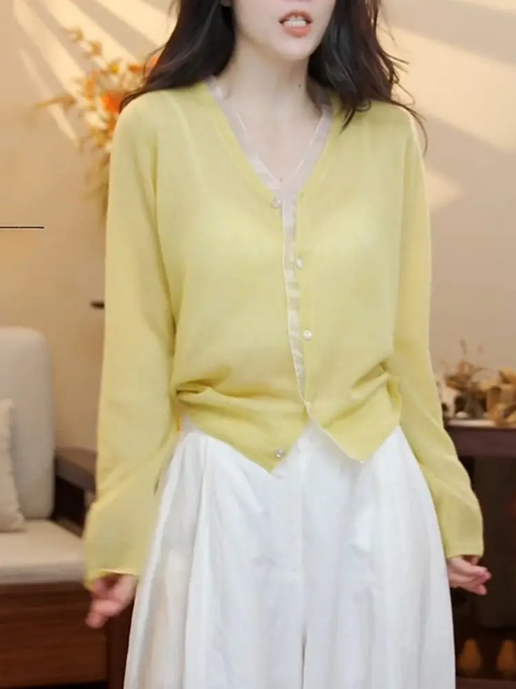 

Korean Style Lazy Versatile Knitted Shirt Spring Summer New Splicing Gentle Mesh Thin Knitted Open Cardigan Casual Loose Fit