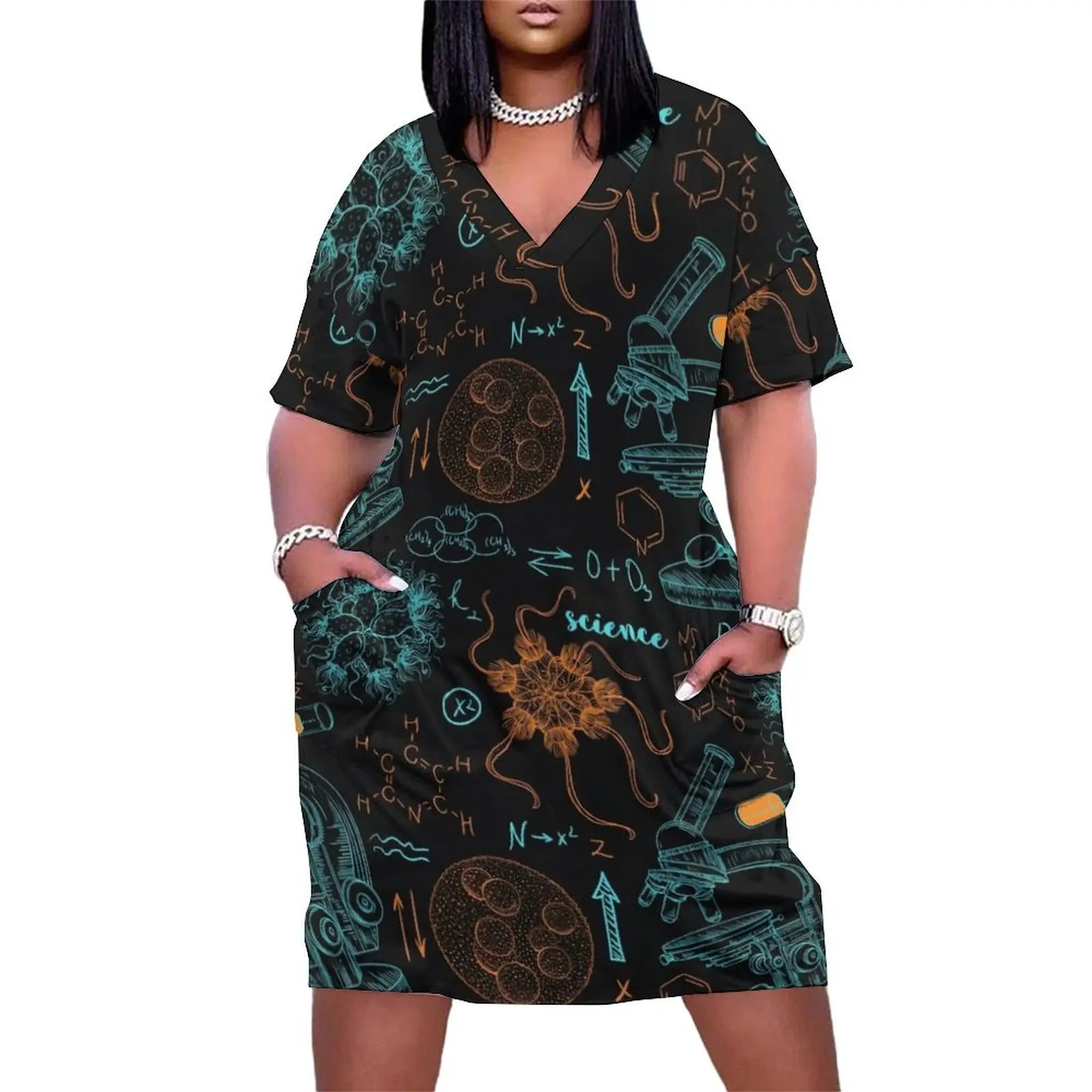 Vintage seamless pattern old chemistry laboratory with microscope, tubes, formulas, microbes and viruses. Loose Pocket Dress