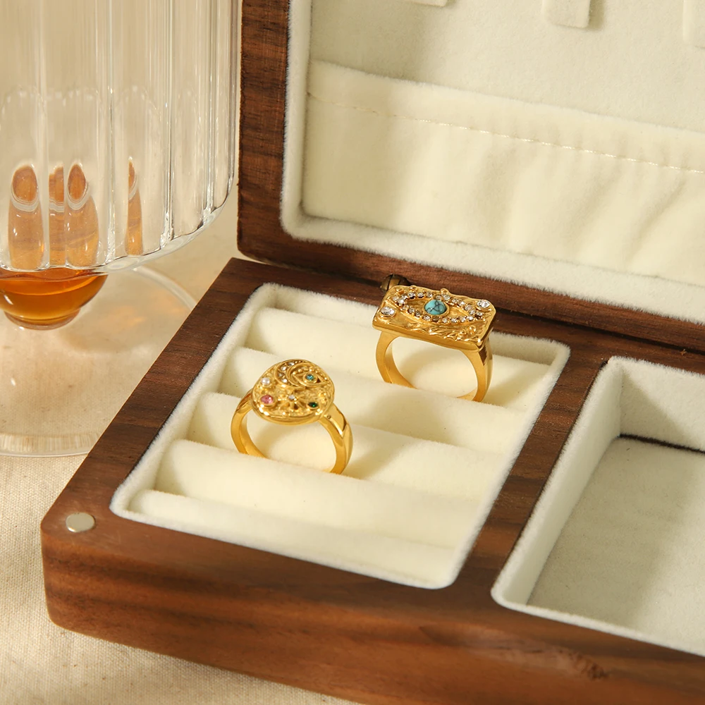Dainty 18K Gold Plated Stainless Steel Turquoise Zircon Rings Lava Hammered Texture Evil Eyes Rectangle Rings Jewelry