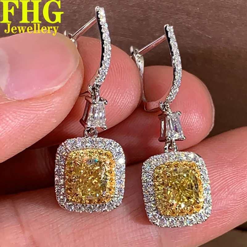 

18K White Gold Women Earrings DVVS1 Yellow Moissanite Diamonds 4Ct CushionElegant Wedding Party Engagement Anniversary Trendy