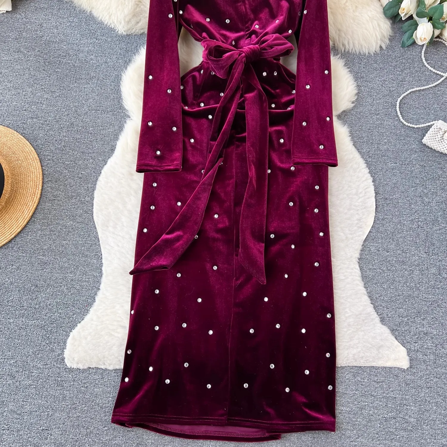 Elegant Women V Neck Rhinestone Velvet Evening Midi Dress New High Quality Fall Winter Lace Up Belt Pockets Velour Party Clothes