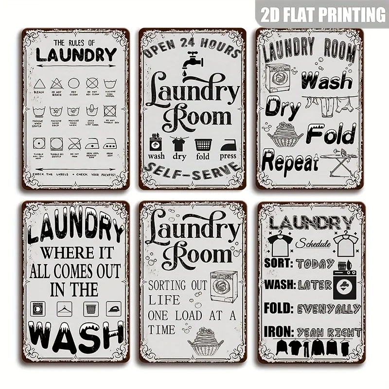 [JIT]Decorative Sign& Plaque 6pcs Vintage Laundry Room Metal Signs, Retro Wall Decor with Humorous Phrases, 8x12 Inch, Frameless