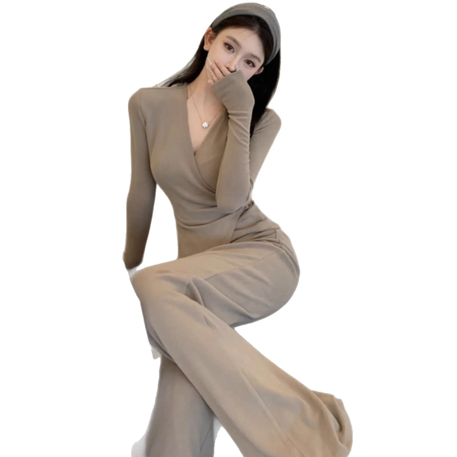 عارضة خارج الكتف طويلة الأكمام واسعة الساق السراويل قطعتين مجموعة غير النظامية أزياء الخريف الشارع نمط البوليستر مريحة تناسب