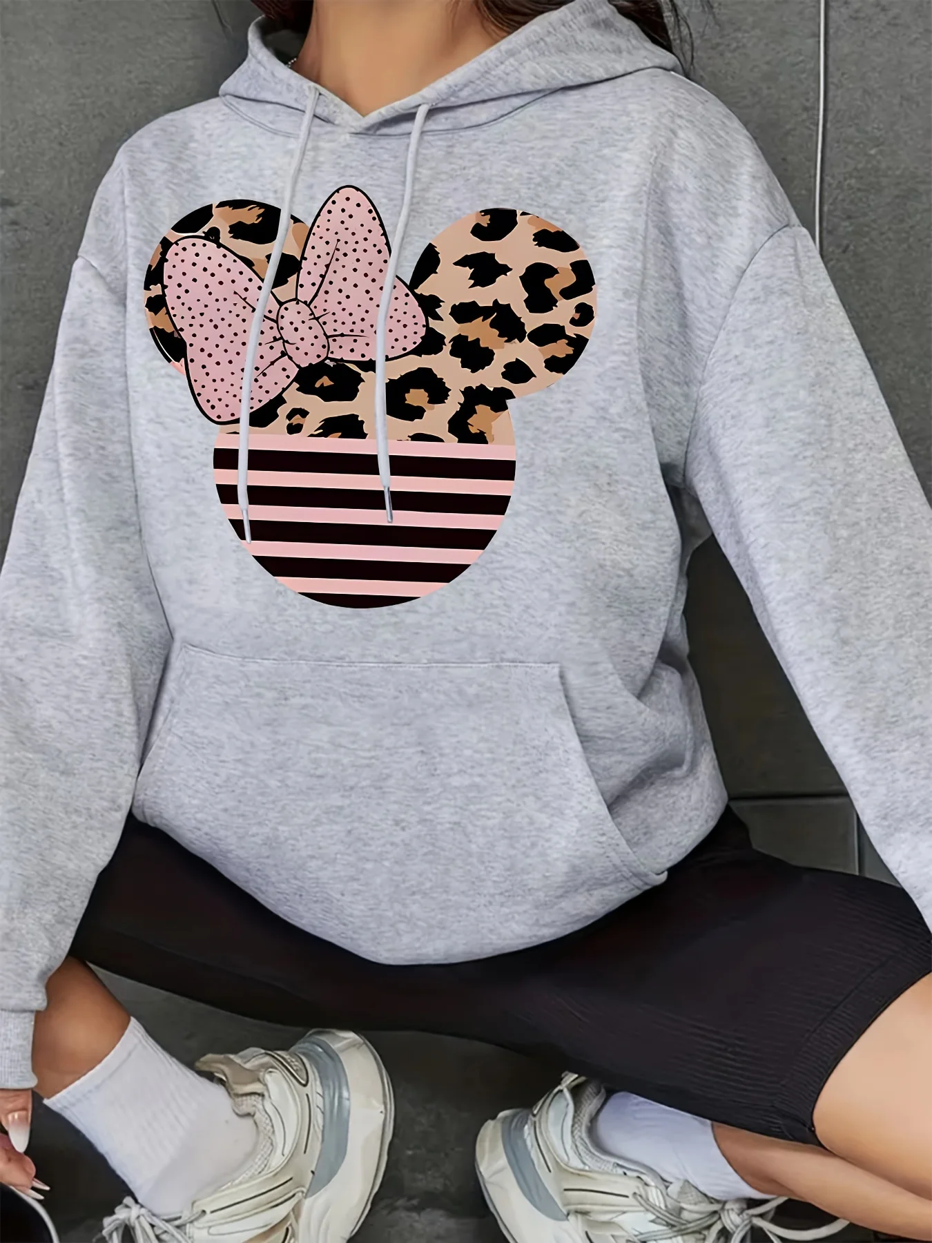 

Mouse & Bow Print Drawstring Hooded Sweatshirt, Long Sleeves Kangaroo Pocket Casual Hoodie, Women's Clothing