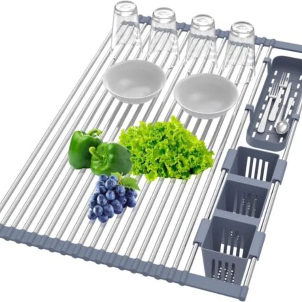 Large Drying Mat Foldable Stainless Steel Over The Sink Dish Roll Up Rack