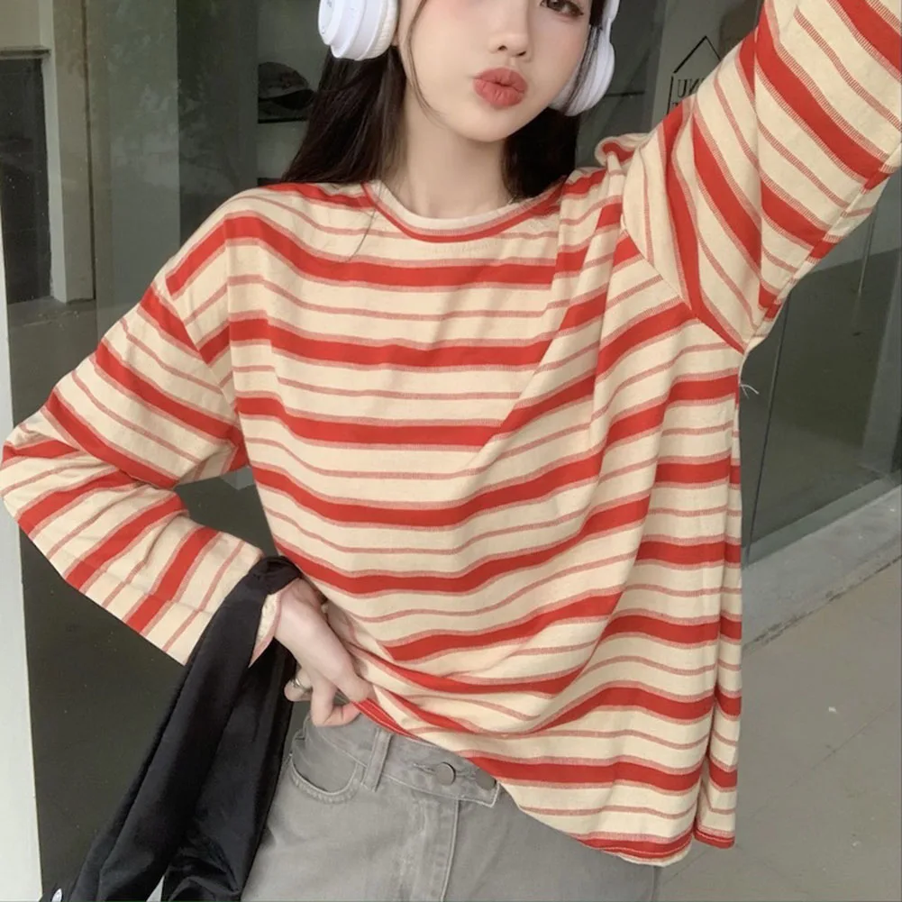 

Comfortable Style Casual Outing Striped T Shirt Pullovers Tops Comfortable Sweatshirt For Vacation Spring Autumn Winter