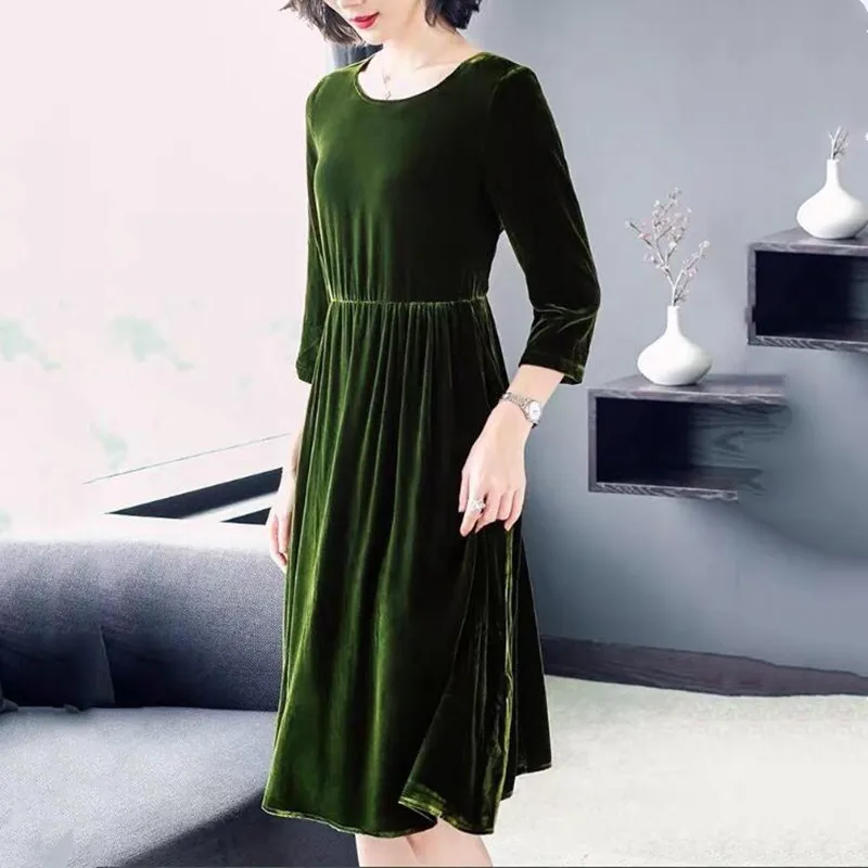 New Velvet Dresses for Women 2025 Spring Autumn Vintage Pleated Velour Party Dress Three Quarter Sleeve Dress Simple Vestidos