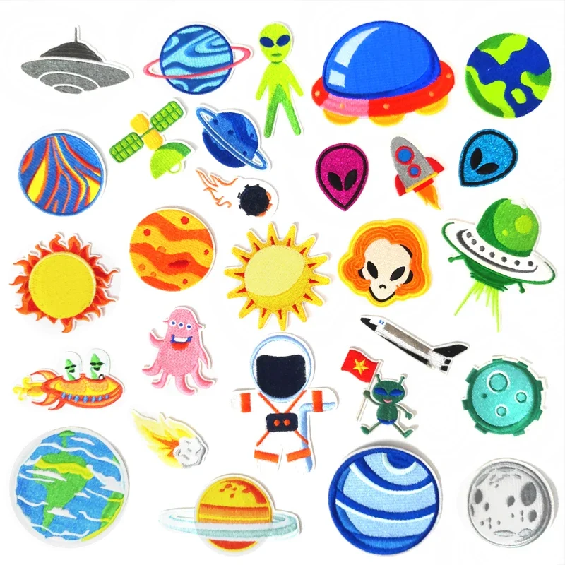 UFO ALIEN Rocket Iron On Badge Patch Embroidered Applique Sewing Clothes Stickers Garment Apparel Accessories star Sun