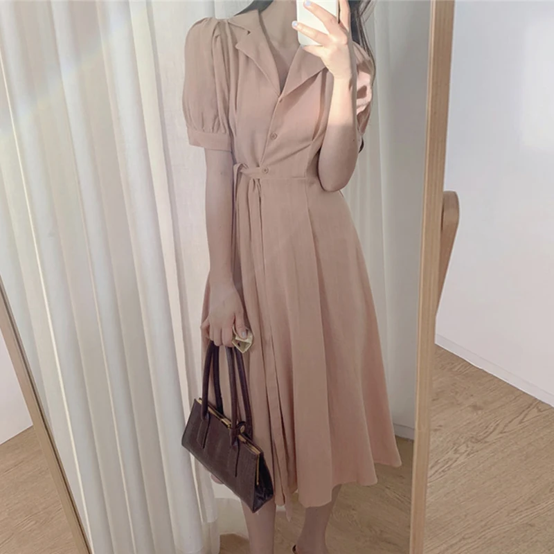 Ele été Chic col t-shirt bouton côté cravate taille bulle Sve lin Dr femmes taille haute printemps trajet Sle