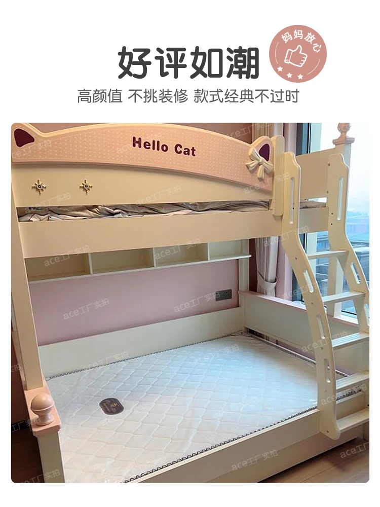 Children in and out of bed Girls Small apartment Mother and child bed Bunk bed Princess room Solid wood bunk pink