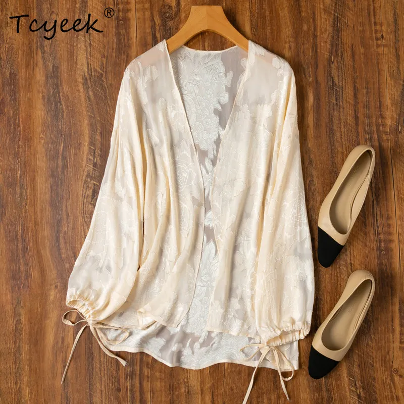 Tcyeek 100% Real Mulberry Silk Woman Tops 2026 Spring Delicate Half-translucent Lantern Sleeves Shawl Female Clothing Ropa Mujer