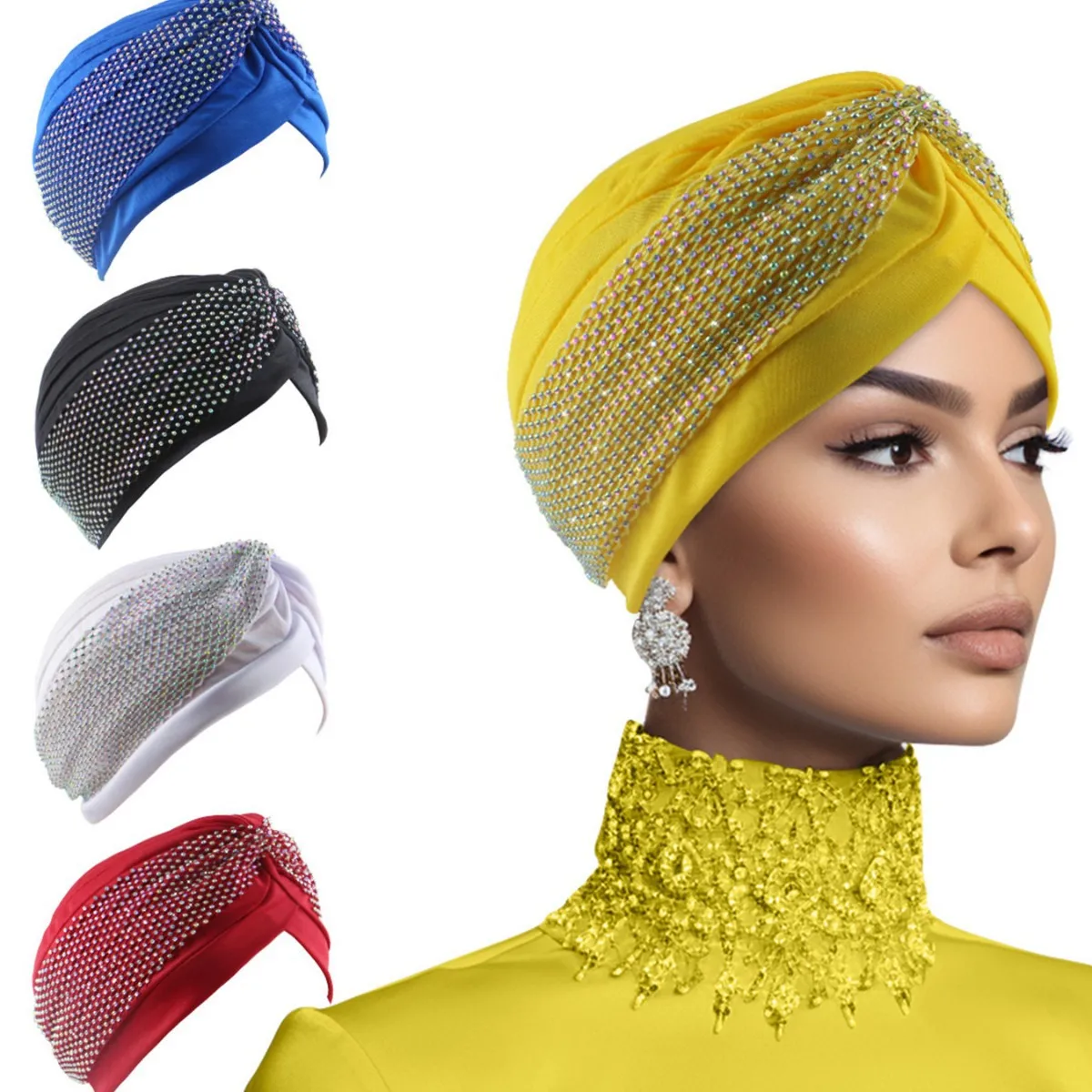 

Роскошный тюрбан с бриллиантами для женщин, мусульманский хиджаб, африканский авто геле, платок с узлом, индийская шляпа, повязка на голову, свадебный головной убор