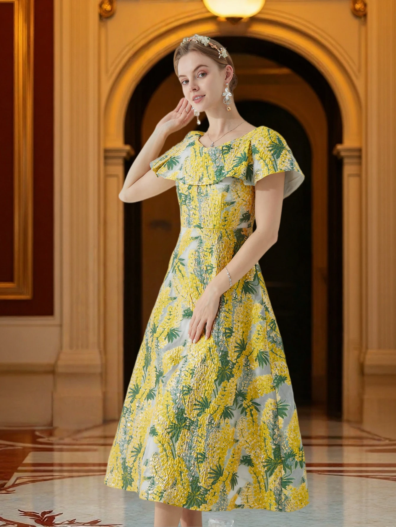 Vestido Jacquard con Adornos Franceses para Mujer, Vestido Midi Ajustado a la Cintura con Jacquard 3D, Perfecto para Banquetes