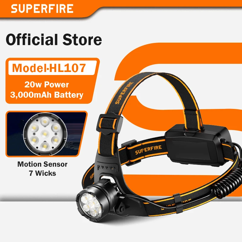 2025 SUPERFIRE HL107 Powerful Headlamp 7 LED Headlight Rechargeable Head Flashlight 18650 Battery Sensor Fishing Camping Light